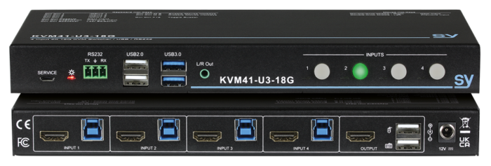 The SY Electronics SY-KVM41-U3-18G 4-port USB & HDMI 4K KVM switch with 4 x USB perripheral ports